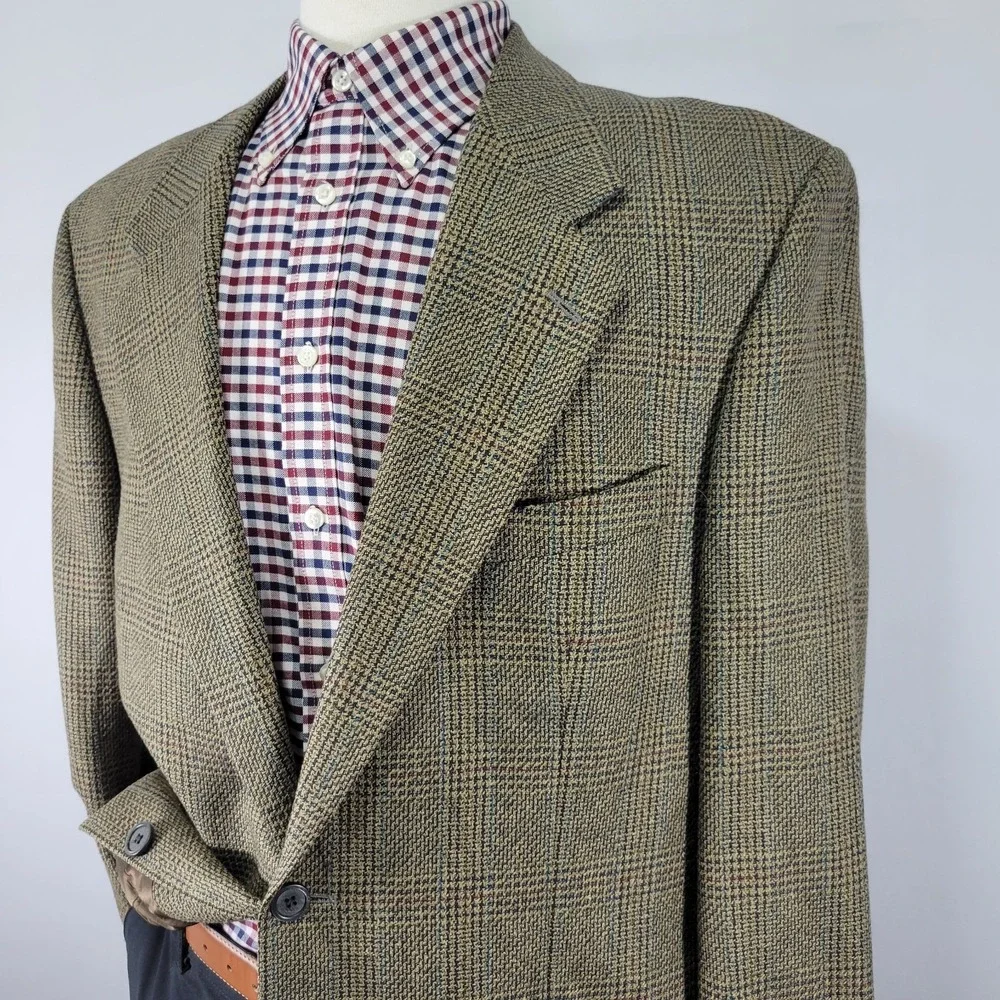 Brandini Le Collezioni Mens Sport Coat Two Button Brown Plaid Silk Wool Size 44L
